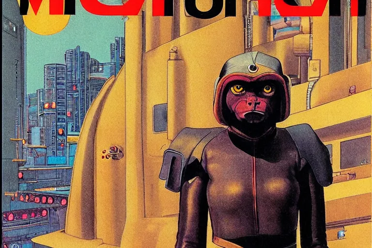 Prompt: 1979 OMNI Magazine Cover of vervet monkey in Mongolian armor. window showing neo-Tokyo streets behind her. in cyberpunk style by Vincent Di Fate