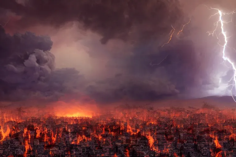 Prompt: a photo of a cloud made of fire and lightning looming over a dystopian city, photorealistic, 8 k