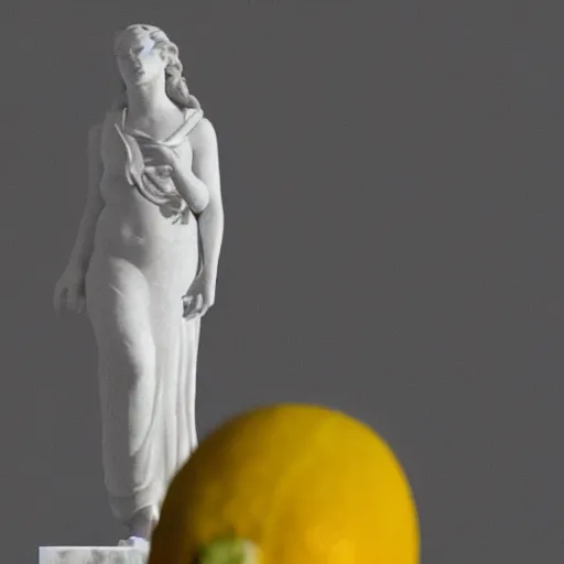 Image similar to marble statue of a lemon at sunset, dslr, 8 k, octane beautifully detailed render, warm mood, cinematic lighting, detailed photo, masterpiece, volumetric lighting, ultra realistic, highly detailed, high quality, lossless, photorealistic