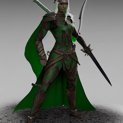 Prompt: hyper - realistic 3 d sculpture of the warrior elf aenur from the mordeim game, with a sword and wearing a green cape, unreal engine, detailed