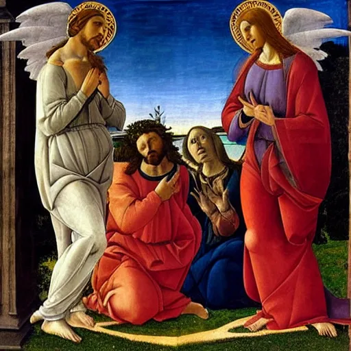 Prompt: Jesus crying at God's feet, by Sandro Botticelli, renaissance painting, angels and colombes, clouds