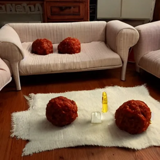 Image similar to edible spaghetti and meatballs shaped into a living room set