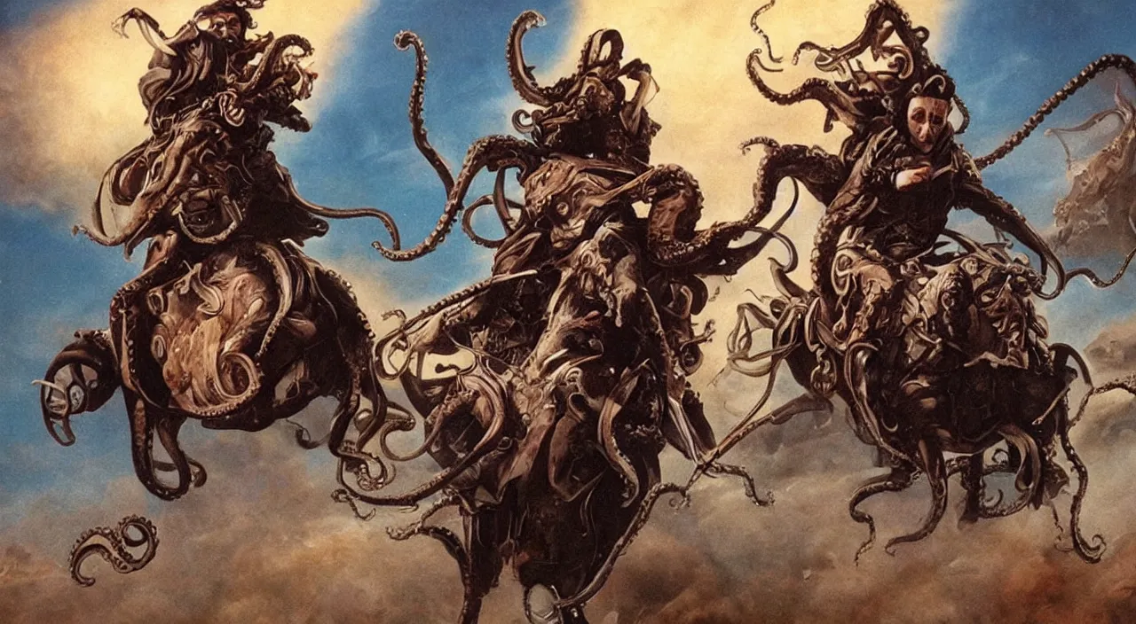 Image similar to an octopus riding a horse leading the charge, epic, John Carpenter