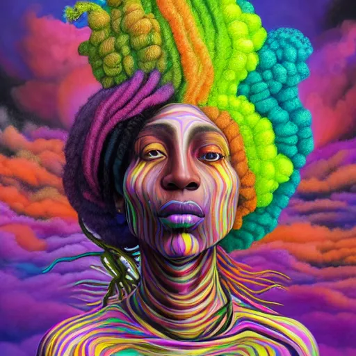 Image similar to a wide angle shot of a black girl with colorful dreadlocks in a field of candy, by Adi granov and afarin sajedi and amanda sage and evgeni gordiets and Agostino Arrivabene and adonna khare in a psychedelic portrait style, ultrarealistic matte painting, volumetric lighting, fractal, extremely symmetrical, highly detailed face, orisha, 8k, hd