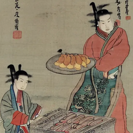 Image similar to ancient chinese watercolour of a man buying a hotdog from godzilla