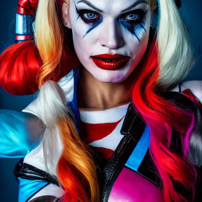 Prompt: portrait of candace swanepoel as a harley quinn in suicide squad. intricate abstract. intricate artwork. by tooth wu, wlop, beeple, dan mumford. octane render, trending on artstation, greg rutkowski very coherent symmetrical artwork. cinematic, hyper realism, high detail, octane render, 8 k, iridescent accents