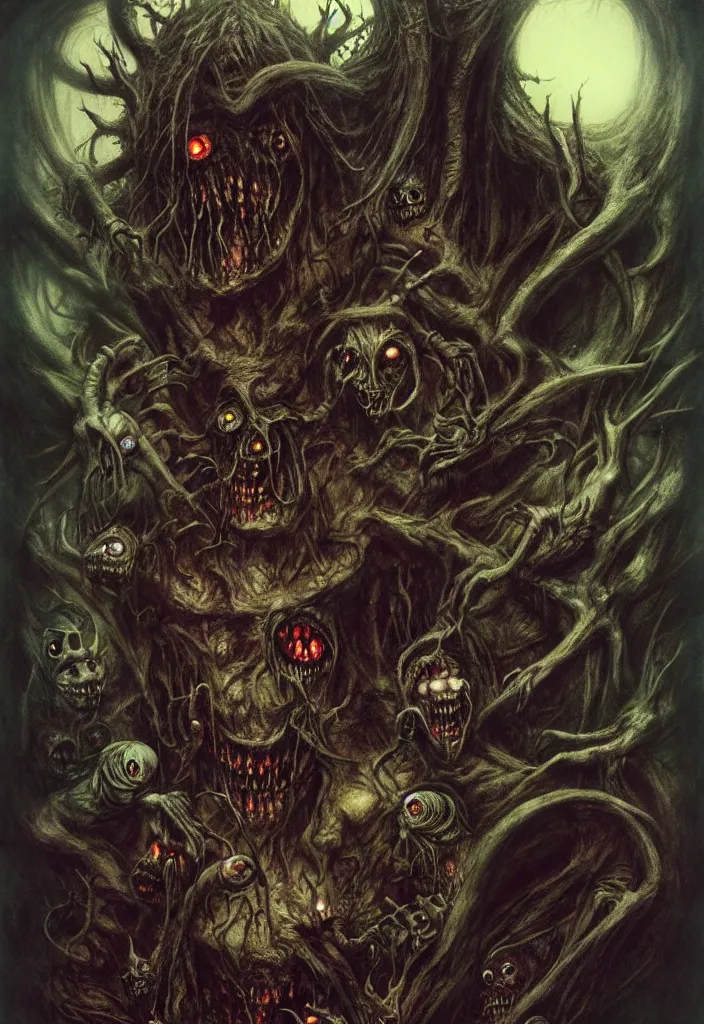 Image similar to an eerie uncanny hell with strange eerie magical scary creatures, horror, concept art, detailed, award - winning, by guillermo del toro, by brian froud