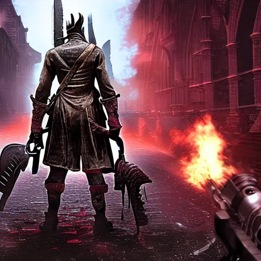 Image similar to looking down rifle in first person shooter bloodborne, background out of focus, flames