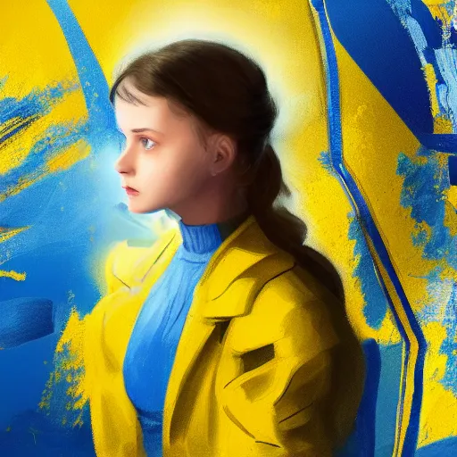 Image similar to ukrainian girl, in blue and yellow clothes, watching war, concept art, trending on artstation, highly detailed, intricate, sharp focus, digital art, 8 k