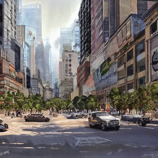 Image similar to tiranasaur tirex in modern city, hyperrealistic, style of james gurney