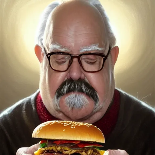 Prompt: portrait of a Wilfred Brimley eating a hamburger, extra onions and ketchup, luscious patty with sesame seeds, masculine, handsome, D&D, fantasy, intricate, elegant, highly detailed, digital painting, artstation, concept art, matte, sharp focus, illustration, art by Artgerm and Greg Rutkowski and Alphonse Mucha