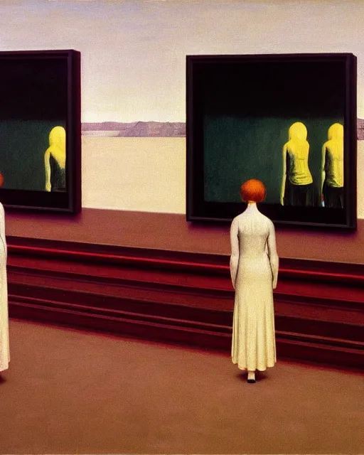 Image similar to twins, sisters, in the void, by the mirror, train station, woman poking tv in her head edward hopper and james gillard, zdislav beksinski, high detail alex colville, otto mueller, stephen conroy, sandro botticelli, andrew newell wyeth, daniel meidman jussi picho octane rendering