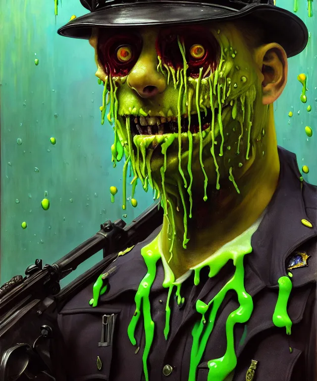 Image similar to painting of a slimy zombie cop dripping with slime and colorful goop by edgar maxence and rhads and leyendecker. los angeles police force, realistic police costume, award - winning digital art on pixiv, trending on artstation, cinematic lighting, dramatic lighting, stunning and beautiful scenery - highly detailed, hyperrealistic, unreal engine 5