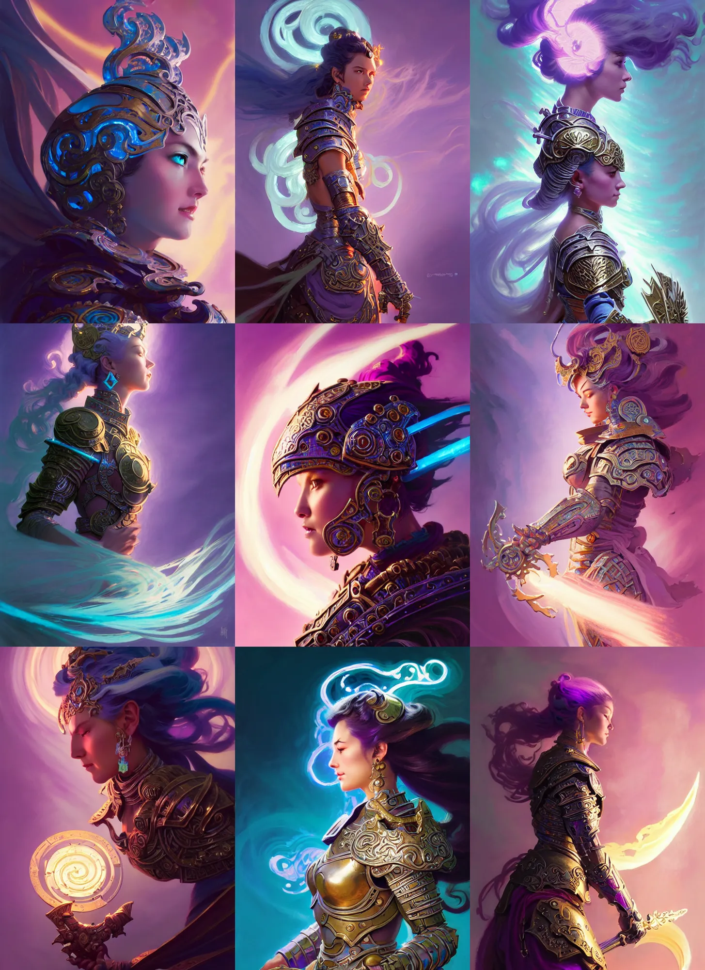 Prompt: side profile, female unholy paladin, intricate metal armor, gloomhaven, luminescent, colorful swirly magic ripples, pastel colors, by greg manchess, huang guangjian, gil elvgren, sachin teng, greg rutkowski, jesper ejsing, ilya kuvshinov