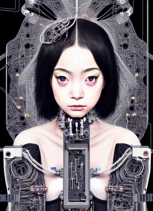 Image similar to kanna hashimoto as a absurdly beautiful cyborg, wearing a black dress, graceful, sophisticated, complex wiring and circuits, tarot card, highly detailed, digital painting, sharp focus, ultra realistic, 8 k, art by artgerm, kim jung gi, irakli nadar