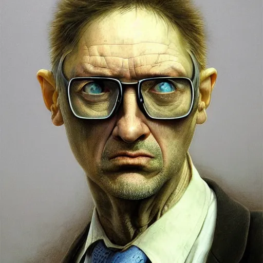 Image similar to a hyper - realistic character concept art portrait of a computer man, depth of field background, artstation, award - winning realistic sci - fi concept art by jim burns and greg rutkowski, beksinski, a realism masterpiece, flesh - tone color palette, james gilleard, bruegel, alphonse mucha, and yoshitaka amano.