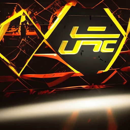 Image similar to the UFC logo in 3D glowing bright in the dark with fireflies around, hyper realistic, Octane render, Unreal Engine 3D