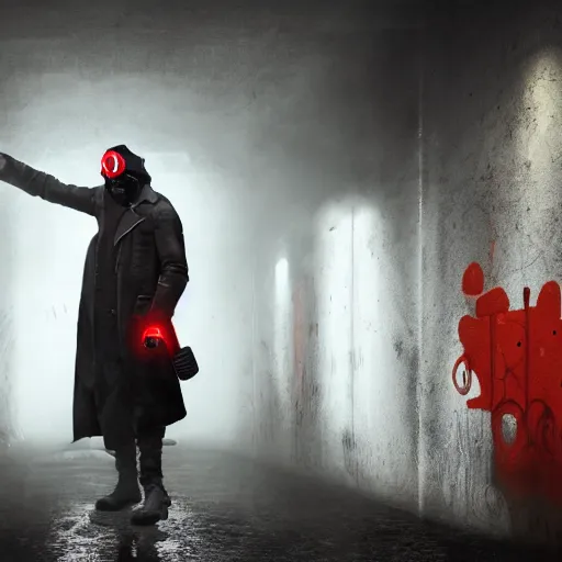 Image similar to hooden villain wearing a gas mask with red goggles, smoke coming out of his long coat, dark background, wall with graffiti, unreal engine 5, ultra realistic, detailed, fog, by greg rutkowski