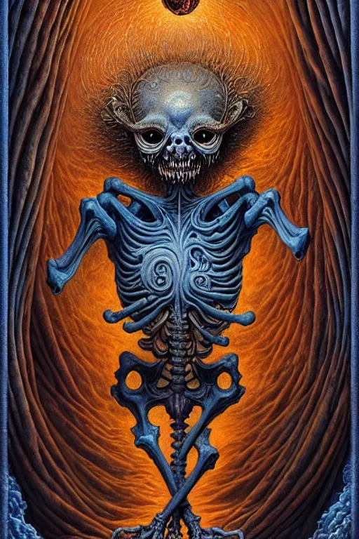 Prompt: A beautiful detailed grotesque monster super cute tarot card, by tomasz alen kopera and Justin Gerard, symmetrical features, ominous, magical realism, texture, intricate, ornate, royally decorated, mechanic, skeleton, whirling smoke, embers, red adornements, blue torn fabric, radiant colors, fantasy, trending on artstation, volumetric lighting, micro details, 3d sculpture, ray tracing, 8k, anaglyph effect, digital art