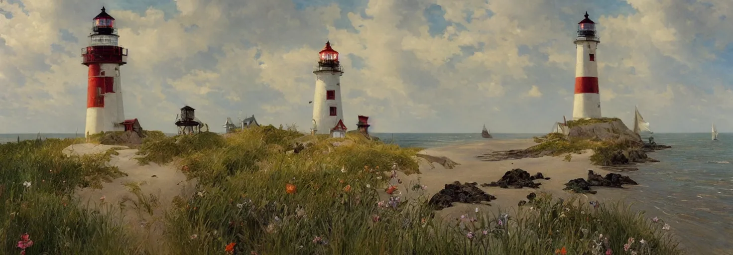 Image similar to super detailed in the style of Jan Brueghel the Elder, greg rutkowski and alphonse mucha , of Prince Edward Island with ocean a single lighthouse and sand dunes.