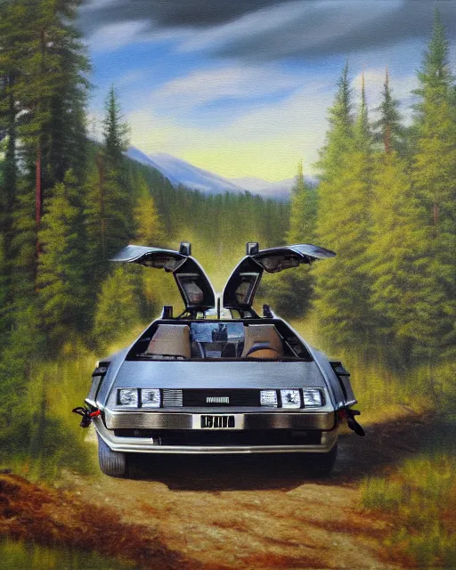 Prompt: delorean in the altai forest, detailed oil painting