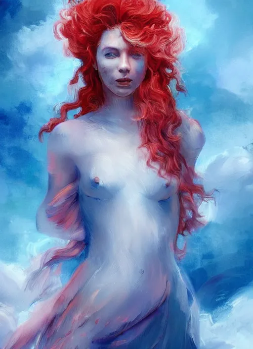 Image similar to a painting of a woman who made of curly and transparent feathers and cloud with red edges is holding a sword, a digital painting by charlie bowater, made of many translucent layers of blue feathers and cloud, metaphysical painting, speedpainting, digital painting, holographic undertones, highly saturated colors, 4 k, digital art, concept art, trending on artstation