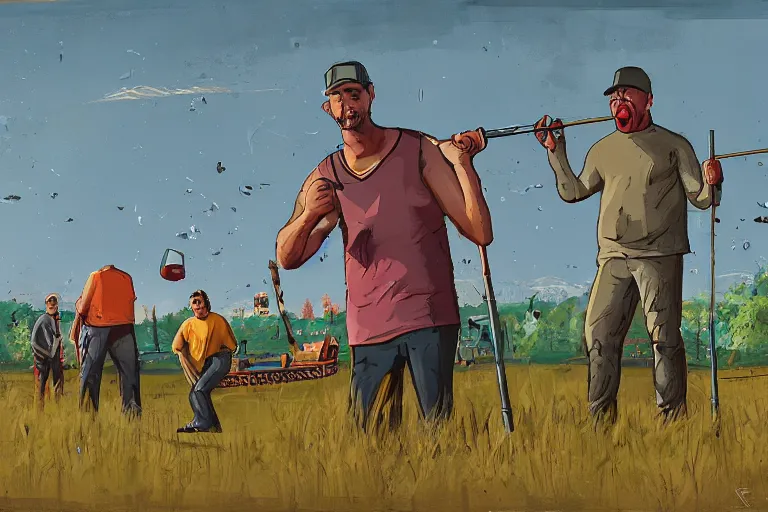 Image similar to mid - thirties guys binge drinking and fishing, in the style of simon stalenhag