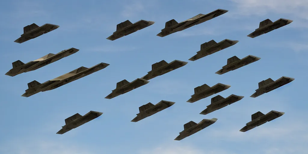 Image similar to an infinite convoy line of F-22's in the sky , extreme wide shot, infinite regression