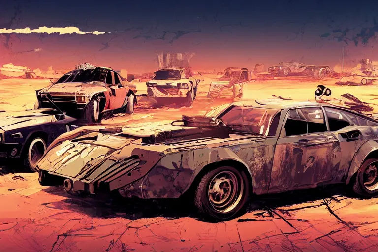 Image similar to digital illustration of mad max's [ [ [ [ yugo ] ] ] ] pursuit special, the last v 8 interceptor by makoto shinkai, ilya kuvshinov, lois van baarle, rossdraws, basquiat