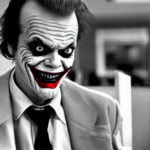 Prompt: jack nicholson as joker working in a cubicle at a computer in 1 9 8 9, fleshtone facepaint coming off, movie still, dslr