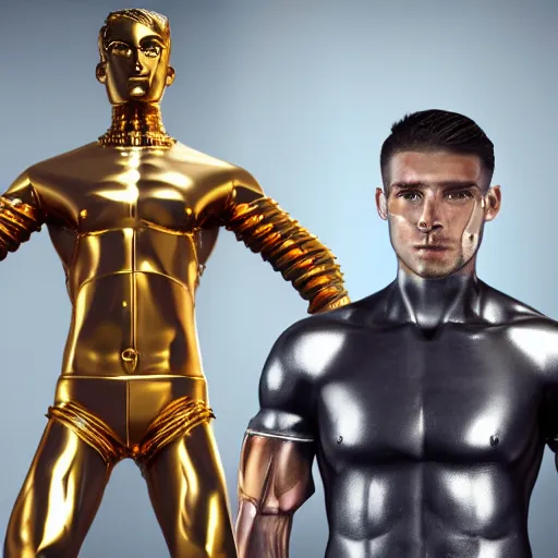 Image similar to a realistic detailed photo of a guy who is an attractive humanoid who is half robot and half humanoid, who is a male android, attractive and handsome soccer players, shiny skin, posing like a statue, blank stare, in a factory, on display, showing off his muscles, gold soccer shorts, side view, looking at each other mindlessly