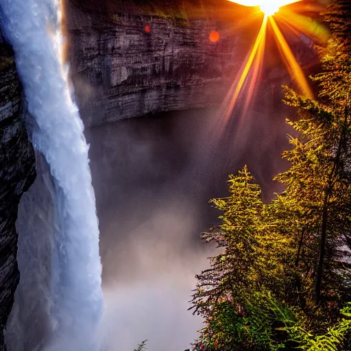 Image similar to helmcken falls, sunset lighting, ultra high definition, realistic, photograph, award winning, nature