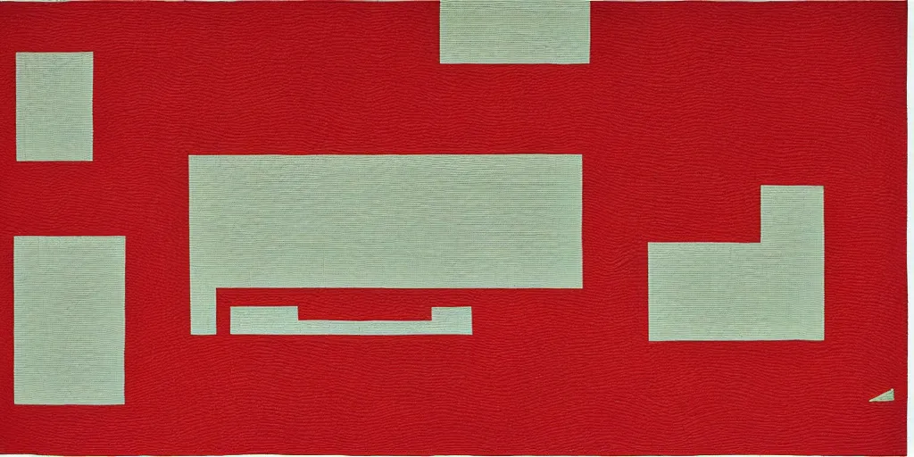 Prompt: modernist interior, seen from above, by René Laloux, line brush, minimal, red, plain background, embroidered on a quilt