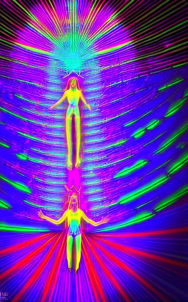 Prompt: blacklight neon fluorescent stained glass angel wings spread around 7 vertical chakras of light as brilliant suns in the 7 rainbow spectrum colors with rays of spiritual light shining through the stained glass angel wings, different inhabited world of space, stars and nebula and aurora, visionary art celestial spiritual, houdini unreal octane 8 k light caustics pathtracing raytraced