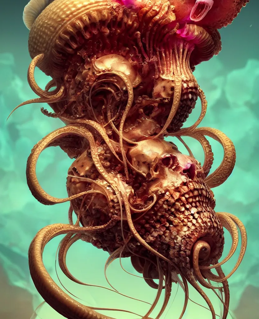 Image similar to goddess close-up portrait ram skull. jellyfish phoenix head, nautilus, orchid, ram skull, betta fish, bioluminiscent creatures, intricate artwork by Tooth Wu and wlop and beeple. octane render, trending on artstation, greg rutkowski very coherent symmetrical artwork. cinematic, hyper realism, high detail, octane render, 8k