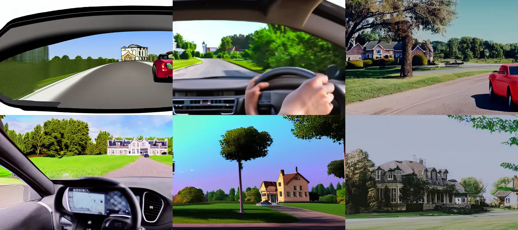 Prompt: a vlog of someone driving through a rural neighborhood with a mansion in the background, photorealistic, afternoon