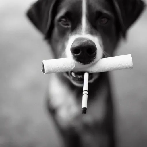 Image similar to a photograph of a dog with a cigarette in its mouth, low depth of field