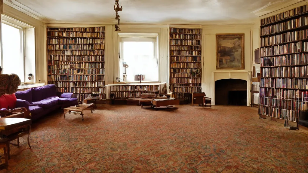 Prompt: a library room with a dim light, two sofas, a wooden floor and a carpet.