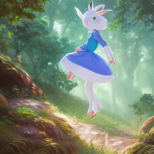 Image similar to concept art painting of an anthropomorphic white rabbit wearing a turquoise dress, in the deep forest, realistic, detailed, cel shaded, in the style of makoto shinkai and greg rutkowski and james gurney