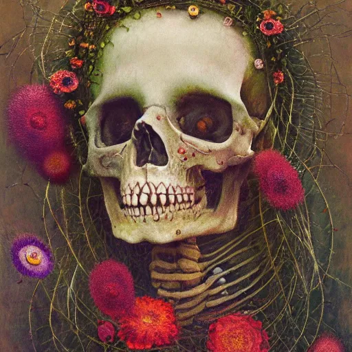 Image similar to 'Life from death' A beautiful detailed aesthetic horror portrait painting depicting 'A skeleton with vines and flowers growing all over it, birds and bees flying all around it' by Odilon Redon and giuseppe arcimboldo, Trending on cgsociety artstation, 8k, masterpiece, cinematic lighting.