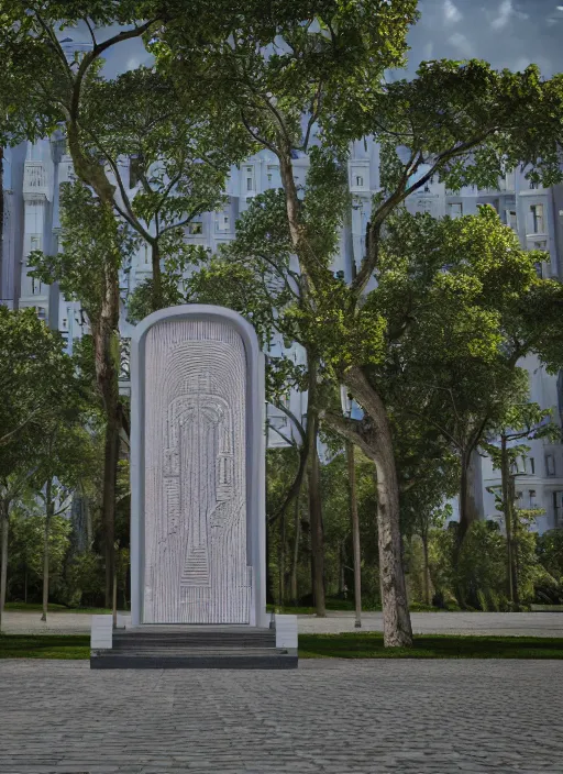 Image similar to highly detailed realistic architecture 3 d render of a futurisctic stele made from currency in a city park, archdaily, made in unreal engine 4 octane render