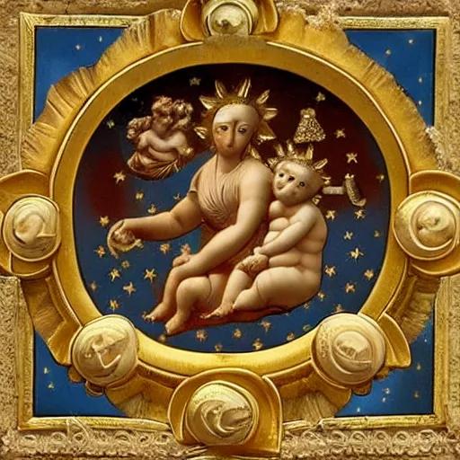 Image similar to Saint Woman, Putti, Venus, Athena, Sistina, baroque, marble and gold, stars, space, sun, pomegranade, pinecone, bronze