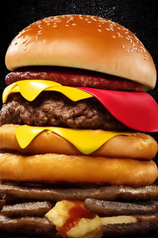 Image similar to mcdonalds hamburger smashed by a giant fist, commercial photography