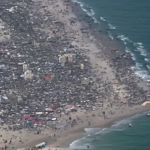 Prompt: santa monica pier completely destroyed, helicopter coverage, photo from above, news coverage, sadness, cnn news