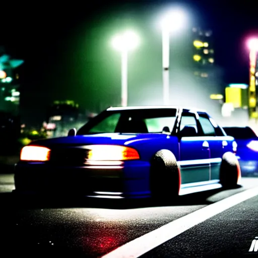 Image similar to a car JZX100 twin turbo drift at illegal car meet, Shibuya prefecture, city midnight mist lights, cinematic lighting, photorealistic, highly detailed wheels, high detail