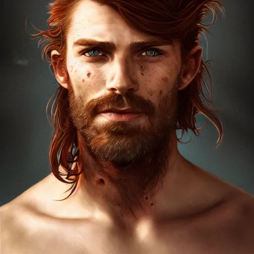 Prompt: portrait of a young ruggedly handsome but charming pirate, male, freckles, masculine, upper body, red hair, long hair, d & d, fantasy, intricate, elegant, highly detailed, digital painting, artstation, concept art, matte, sharp focus, illustration, art by artgerm and greg rutkowski and alphonse mucha