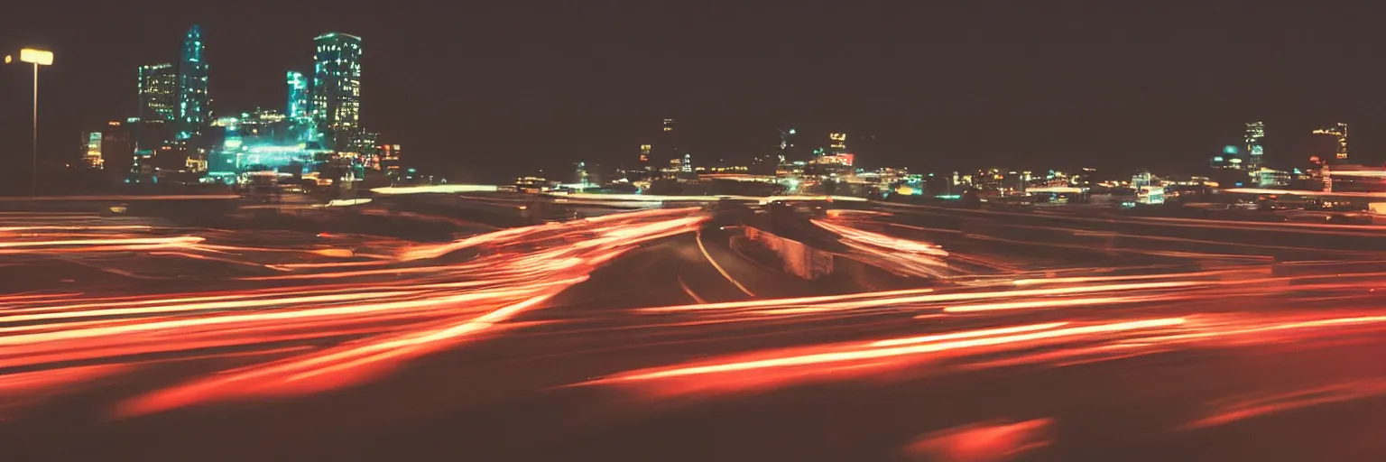 Prompt: 8 0 s neon movie still, high speed car chase on the highway with city in background, slow shutter speed, medium format color photography, movie directed by kar wai wong, hyperrealistic, photorealistic, high definition, highly detailed, tehnicolor, anamorphic lens