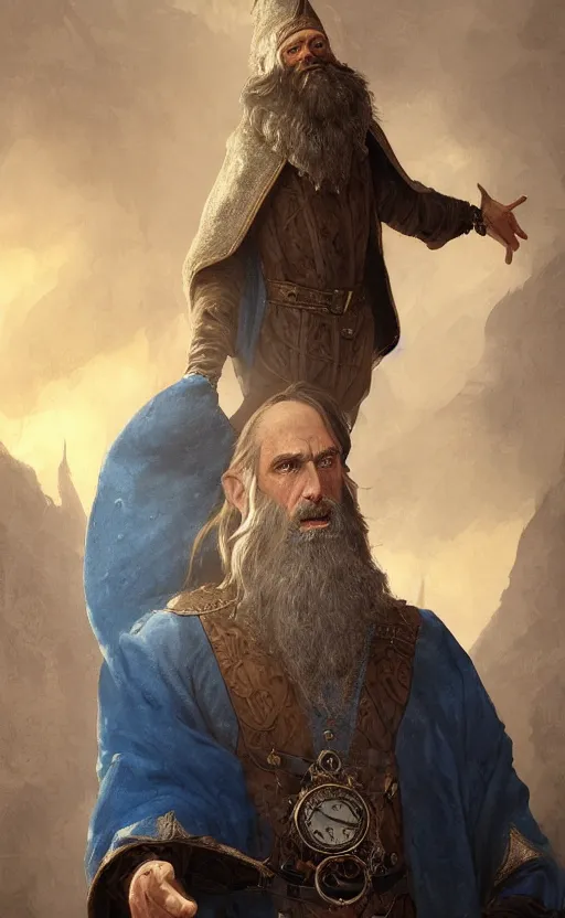 Image similar to portrait of a middle aged elf with a long beard, dressed in a blue cloak with clock iconography, brown hair, raised hand, detailed face, fantasy, highly detailed, cinematic lighting, digital art painting by greg rutkowski