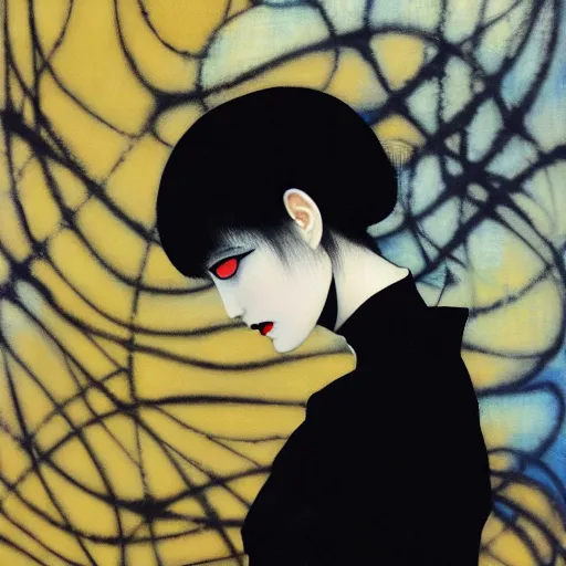 Image similar to yoshitaka amano blurred and dreamy minimalistic oil portrait of a young woman with black lipstick and black eyes wearing dress suit with tie, junji ito abstract patterns in the background, satoshi kon anime, noisy film grain effect, highly detailed, renaissance oil painting, wide brush strokes, weird portrait angle, blurred lost edges