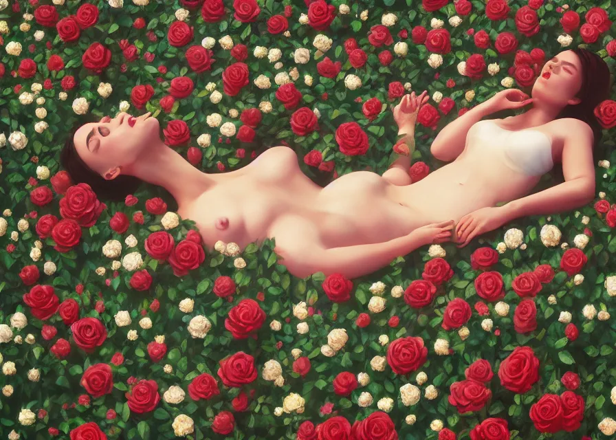 Image similar to painting of A woman laying in a sea of Roses and flora from super mario brothers, trending on ArtStation, masterpiece, by Greg Rutkowski, by Ross Tran, by Fenghua Zhong, octane, clear eyes, soft render, clear facial features, oil on canvas, moody lighting, cinematic, professional environment concept art